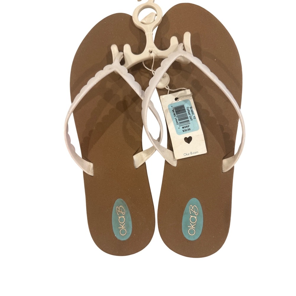 Oka-B Bristol Flip Flops Womens 10 Toffee Salt Brown White Scalloped Sandals NEW